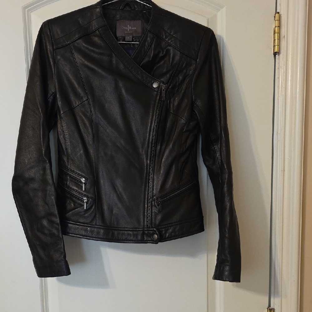 Cole Haan Black Lambskin Leather Moto Jacket Asymmetrical Zip / Small